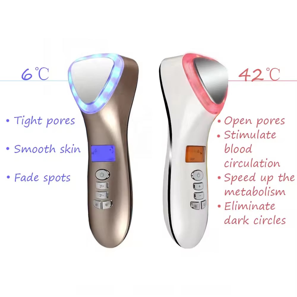 Women Hold Ultrasonic Photon Led Ion Beauty Facial Massager Hot and Cool Skin Care Device for Home Use