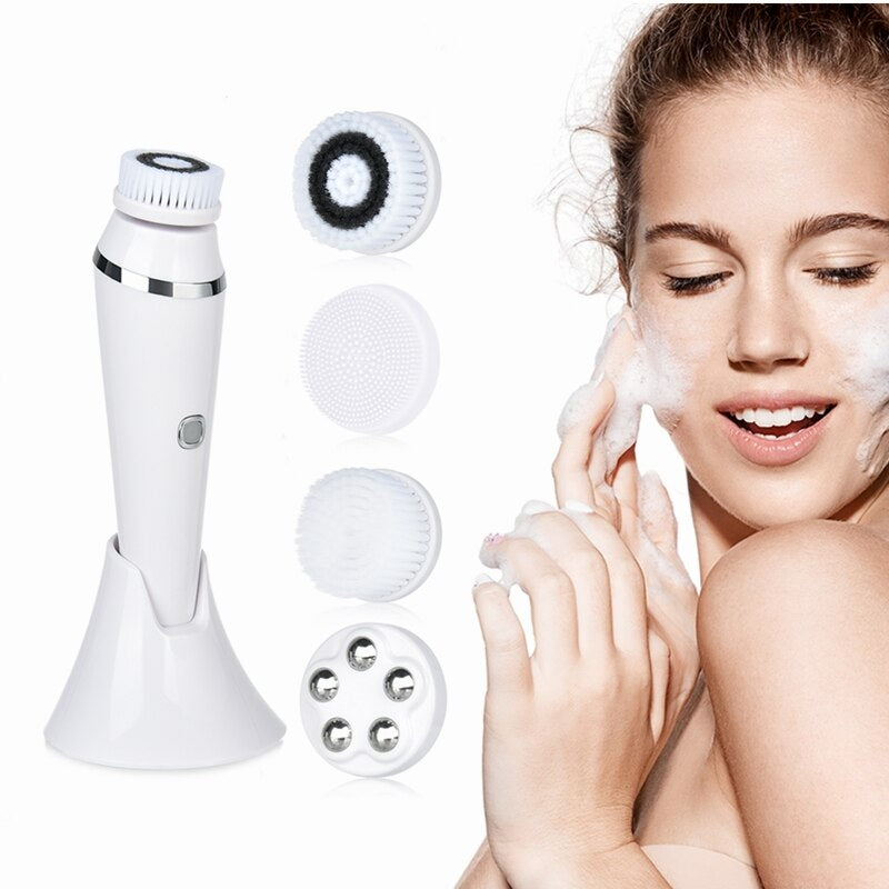 "4-in-1 Electric Sonic Face Cleansing Brush for Blackhead Removal, Exfoliation, and Skin Tightening - Home Spa Skin Care Essential!"