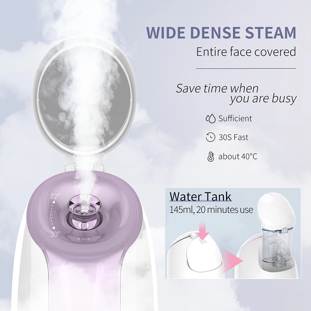 " Hot Nano Face Steamer: 2-in-1 Facial Spa with Mirror, Pore Cleansing, and Moisturizing Humidifier"