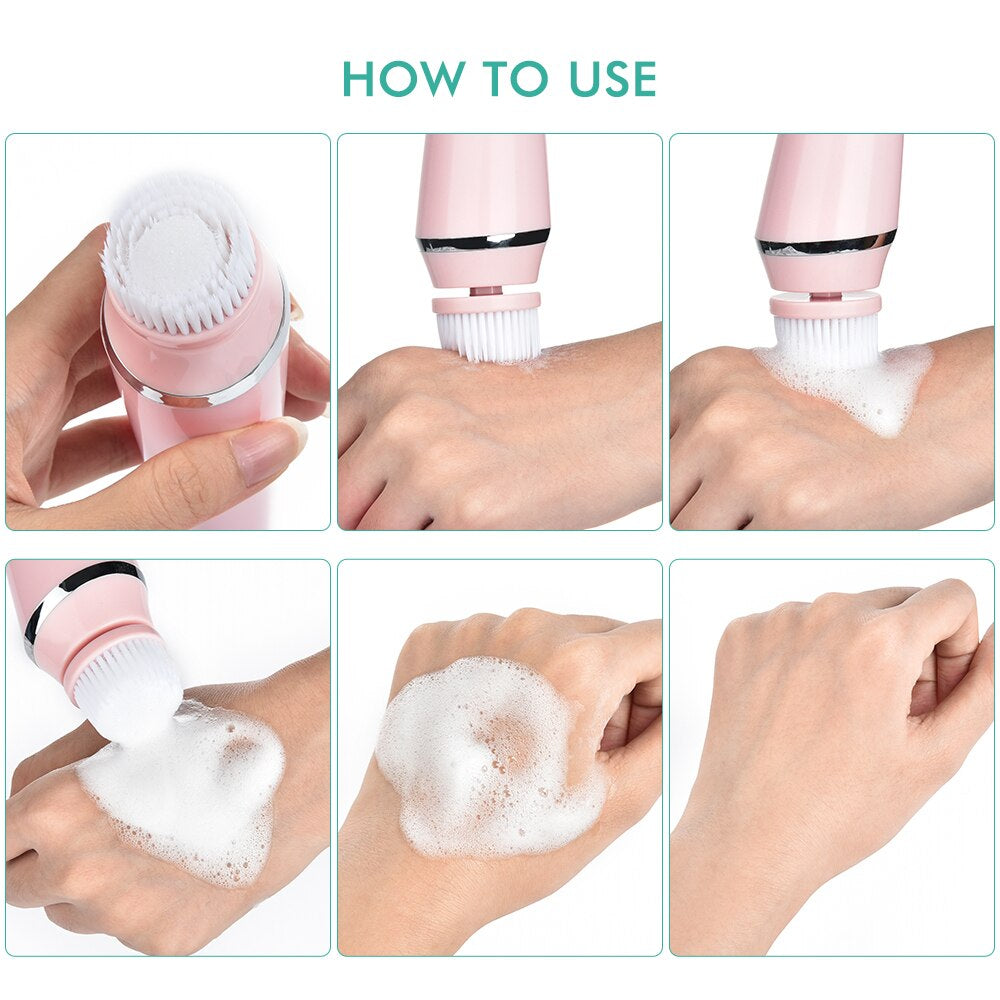 "4-in-1 Electric Sonic Face Cleansing Brush for Blackhead Removal, Exfoliation, and Skin Tightening - Home Spa Skin Care Essential!"