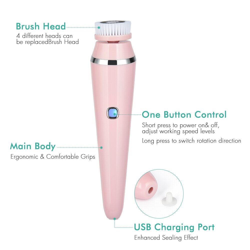 "4-in-1 Electric Sonic Face Cleansing Brush for Blackhead Removal, Exfoliation, and Skin Tightening - Home Spa Skin Care Essential!"