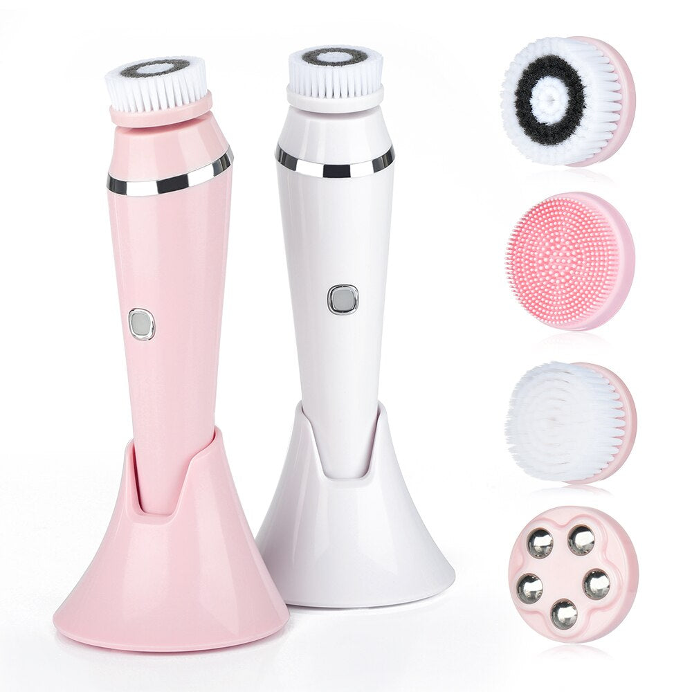 "4-in-1 Electric Sonic Face Cleansing Brush for Blackhead Removal, Exfoliation, and Skin Tightening - Home Spa Skin Care Essential!"